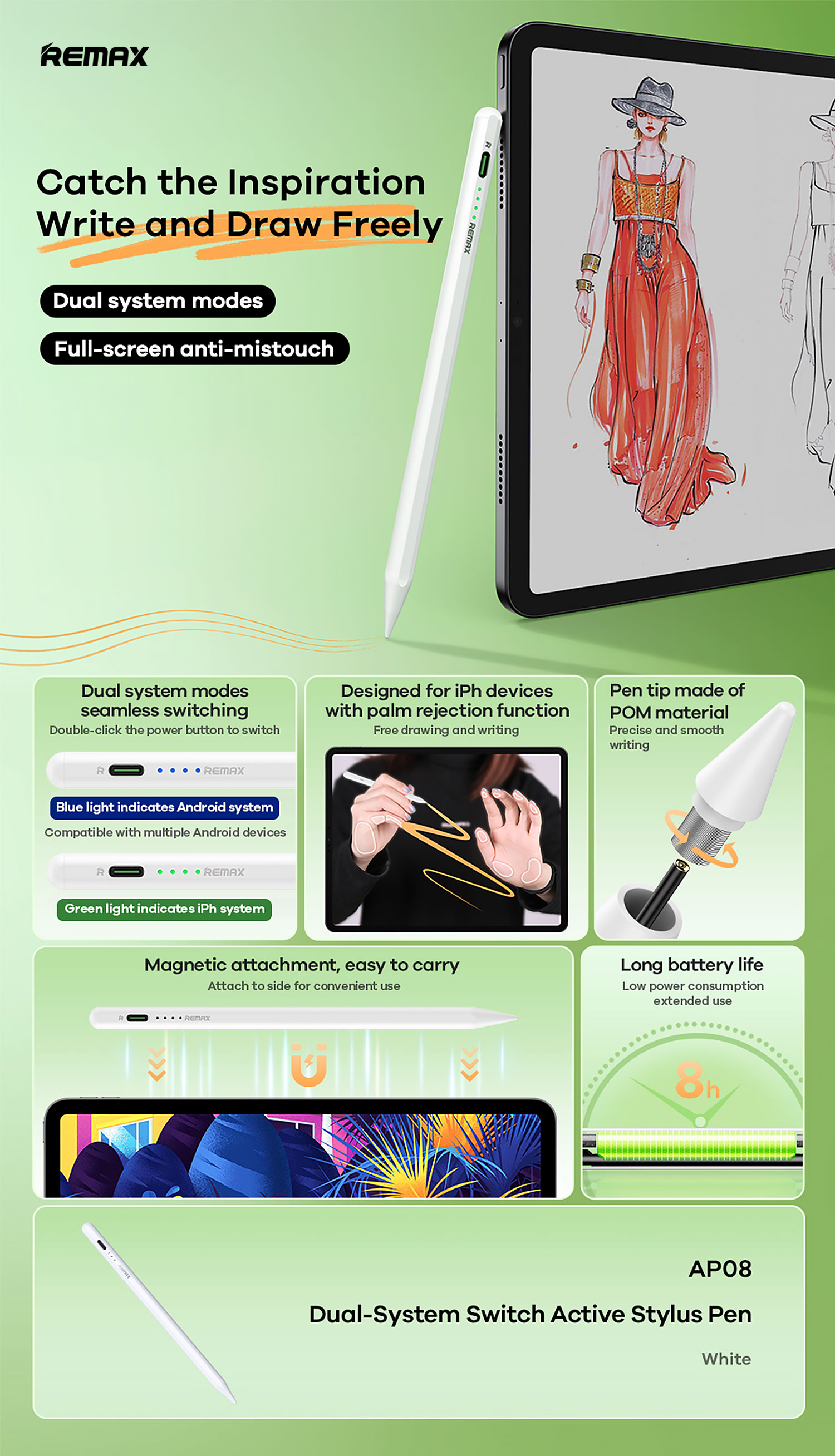 Remax AP08 Stylus Pen White Supports IOS and Android with Palm Rejection Rechargeable 10 17236956827851